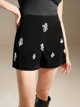 Anewsta Women's Handmade Rhinestone Decor Velvet Shorts, High-End Design Versatile Jewel Embellished Mini Skirt